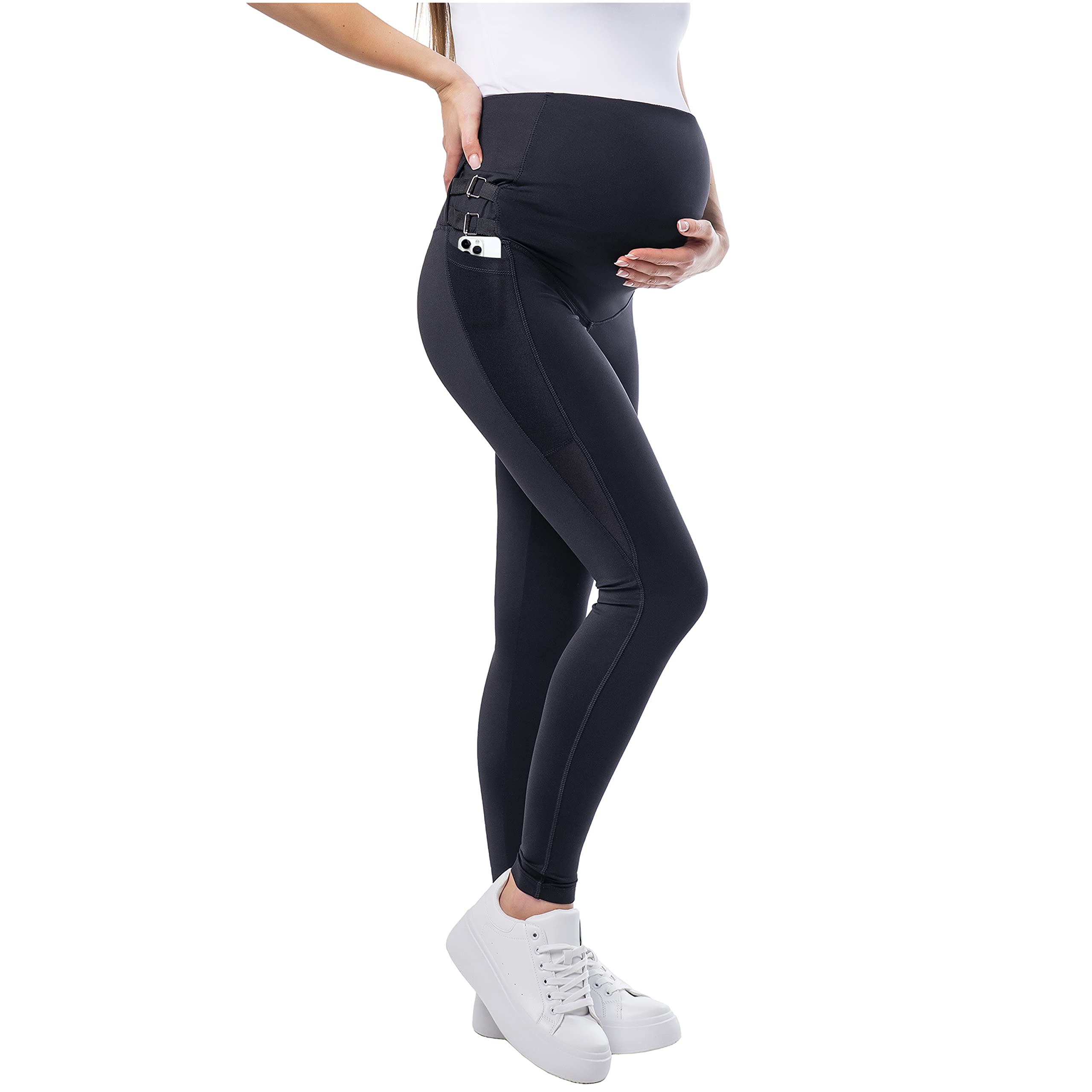 JOHNNY'S MAMA Maternity Leggings with Pockets & Fully Adjustable Integrated Belly Support Band, Pregnancy Leggings for Women