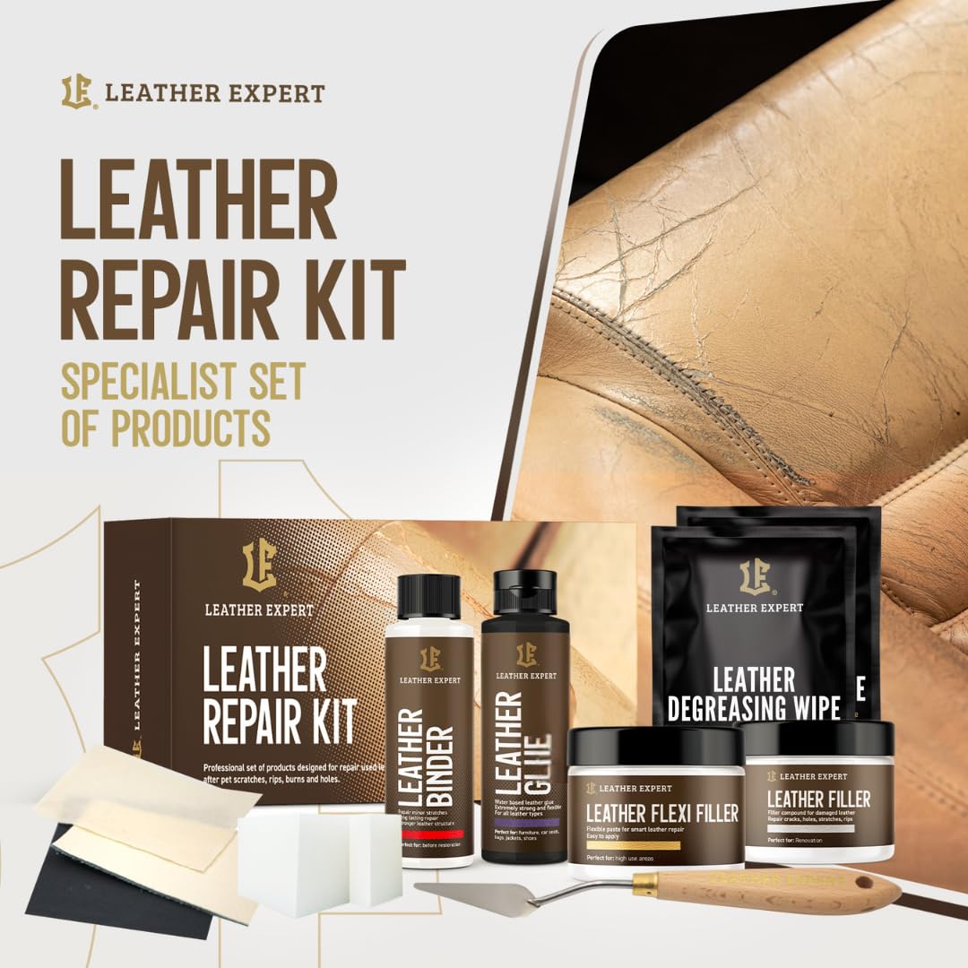 Leather Expert Kit d'entretien du Cuir Repair Kit - 2x25ml remplisseur de Cuir, remplisseur de Cuir Flexible + 2x50ml liant et Colle pour Cuir - Kit de Nettoyage du Cuir pour Voiture