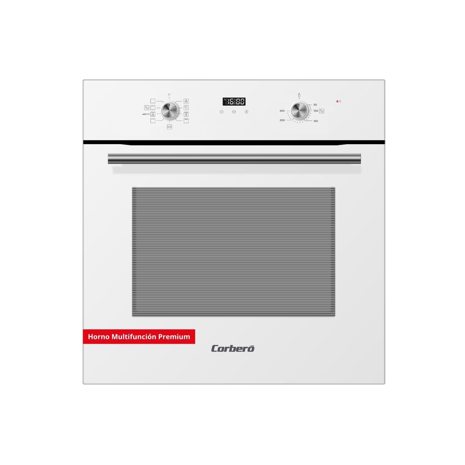 Corberó - Horno Multifunción Premium Airfry | CCHMT905W | 70L | Hidrólisis | 8 Programas | Guías Extraíbles | Mandos Push-Pull| Display táctil |3000W | Desconexión Automática | Cristal Blanco