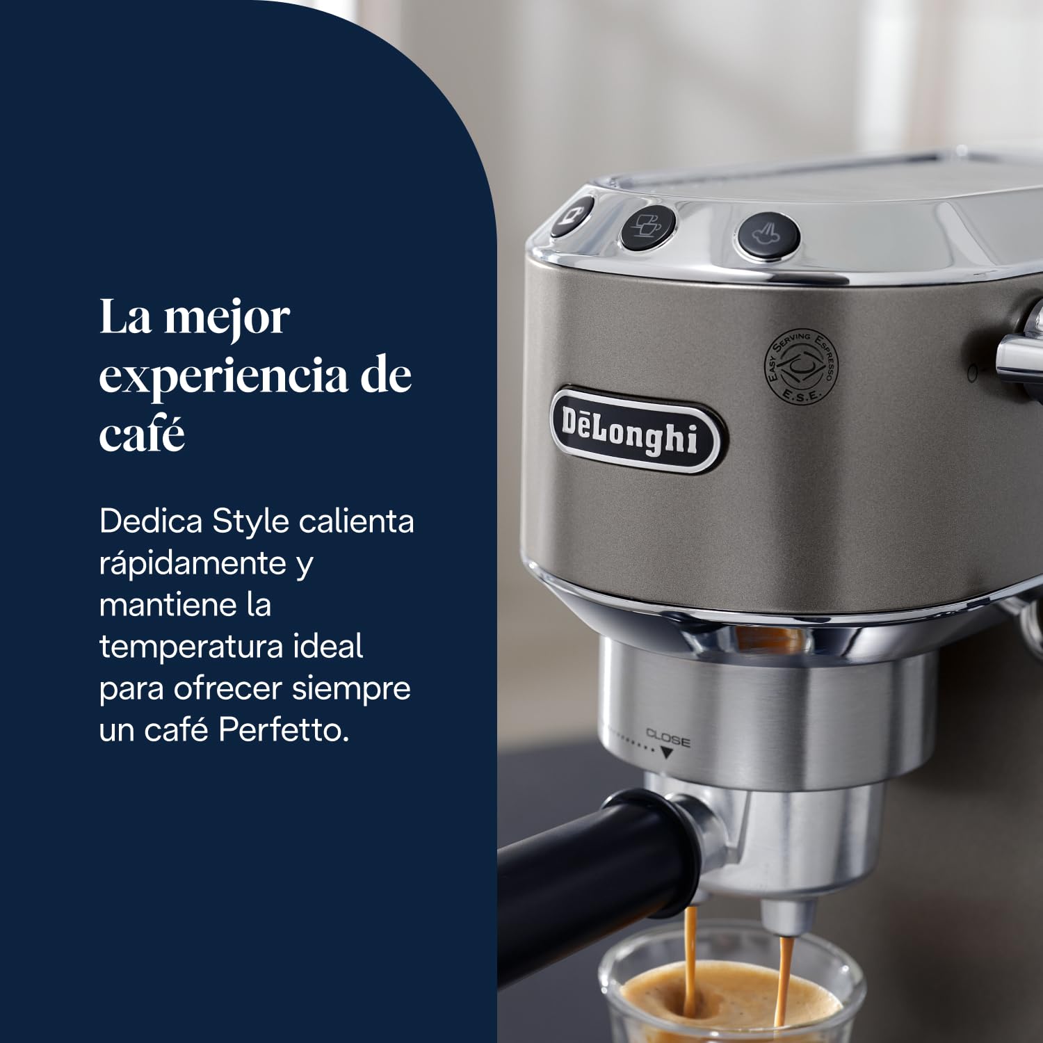 De’Longhi Dedica Style– Perfetto Cafetera Espresso Manual Compacta, Espumador de Leche Manual para Espresso y Cappuccino, Compatible con Monodosis ESE, Panel con Botones, Ancho 15cm, Titanio(EC685.TB)