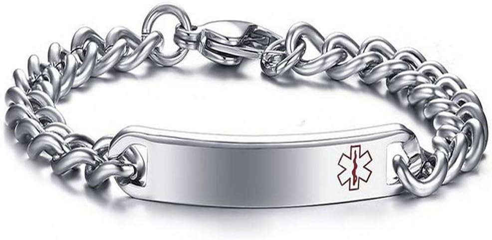 DIB Free Engraving Stainless Steel Medical Alert ID Bracelets Men Women Silver, Wrist Link Chain 8.1 inch