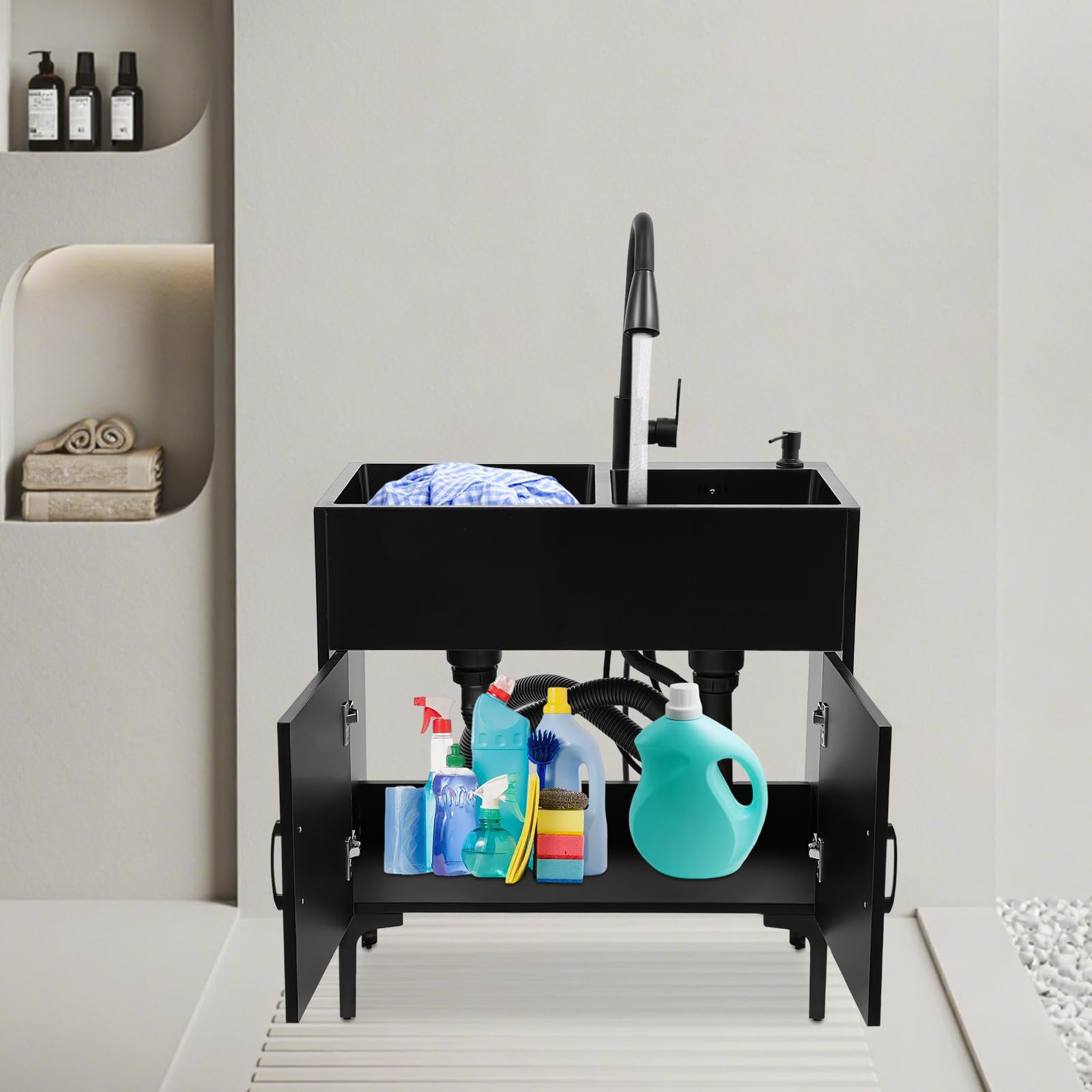 Évier Double 75x41cm Acier Inoxydable Noir, Lavabo avec Armoire et Robinet Extractible, Ensemble Complet de Cuisine avec Égouttoir, Moderne Meuble évier Pour Cuisine Buanderie