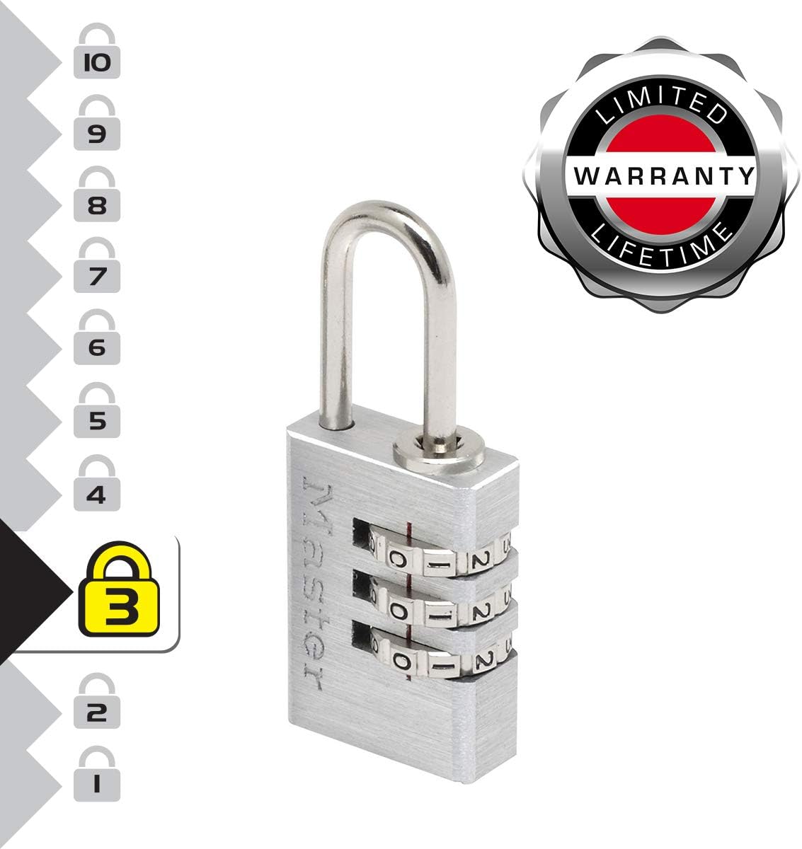 બાજુ view of the Master Lock 20mm 3-Digit Combination Padlock.