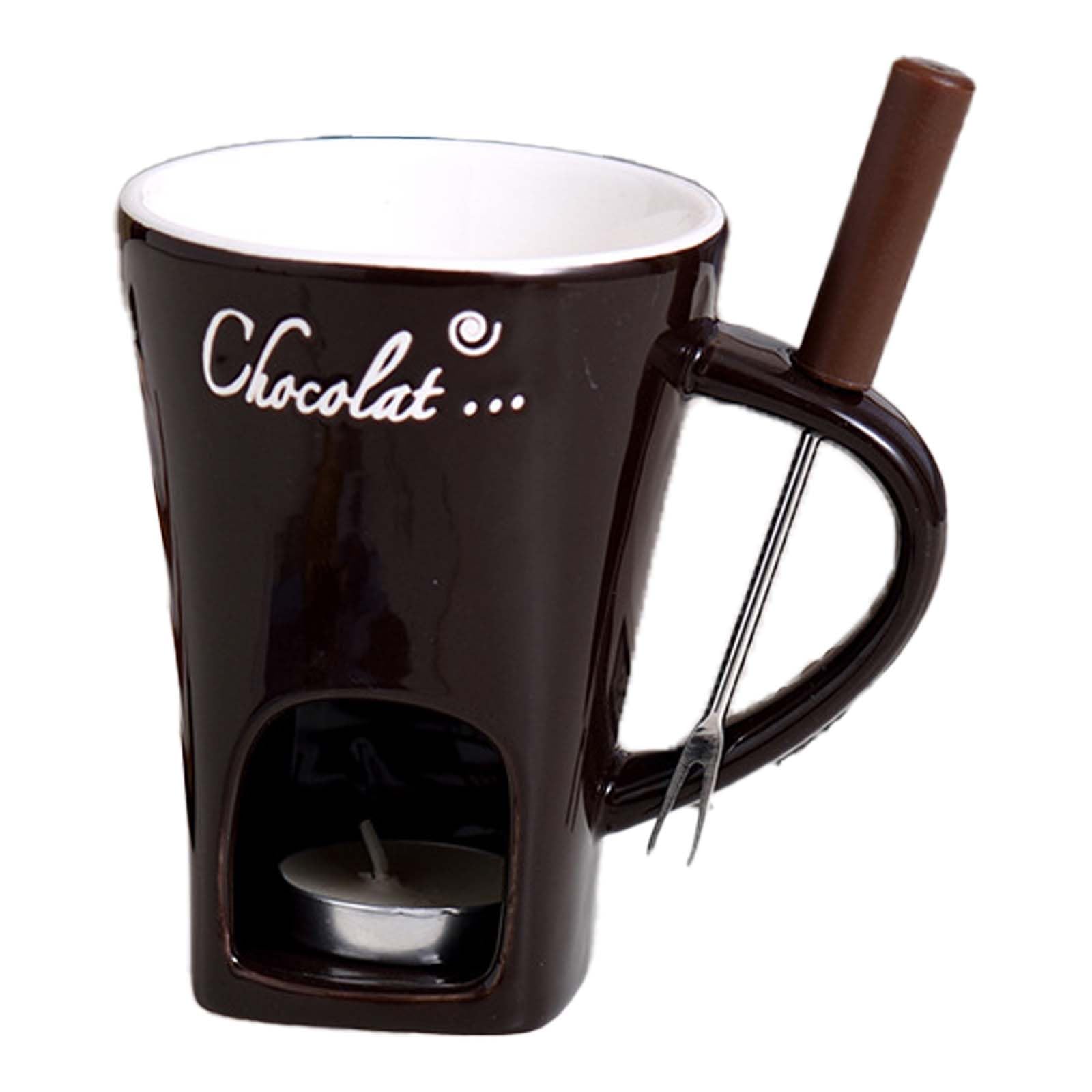 Fondue Mug Set Ceramic Fondue mug for Chocolate or Cheese with forks and Tealights Suitable for Parties or Private Gatherings (Coffee)
