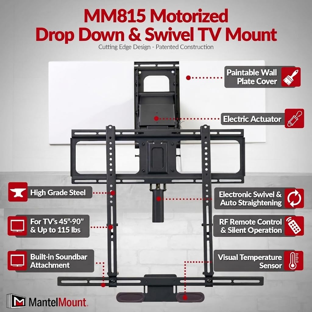 MantelMount MM815 Soporte de TV motorizado con control remoto desplegable con giro | Soporte de TV sobre chimenea para televisores de 45 a 90 pulgadas hasta 115 libras | con control remoto RF y