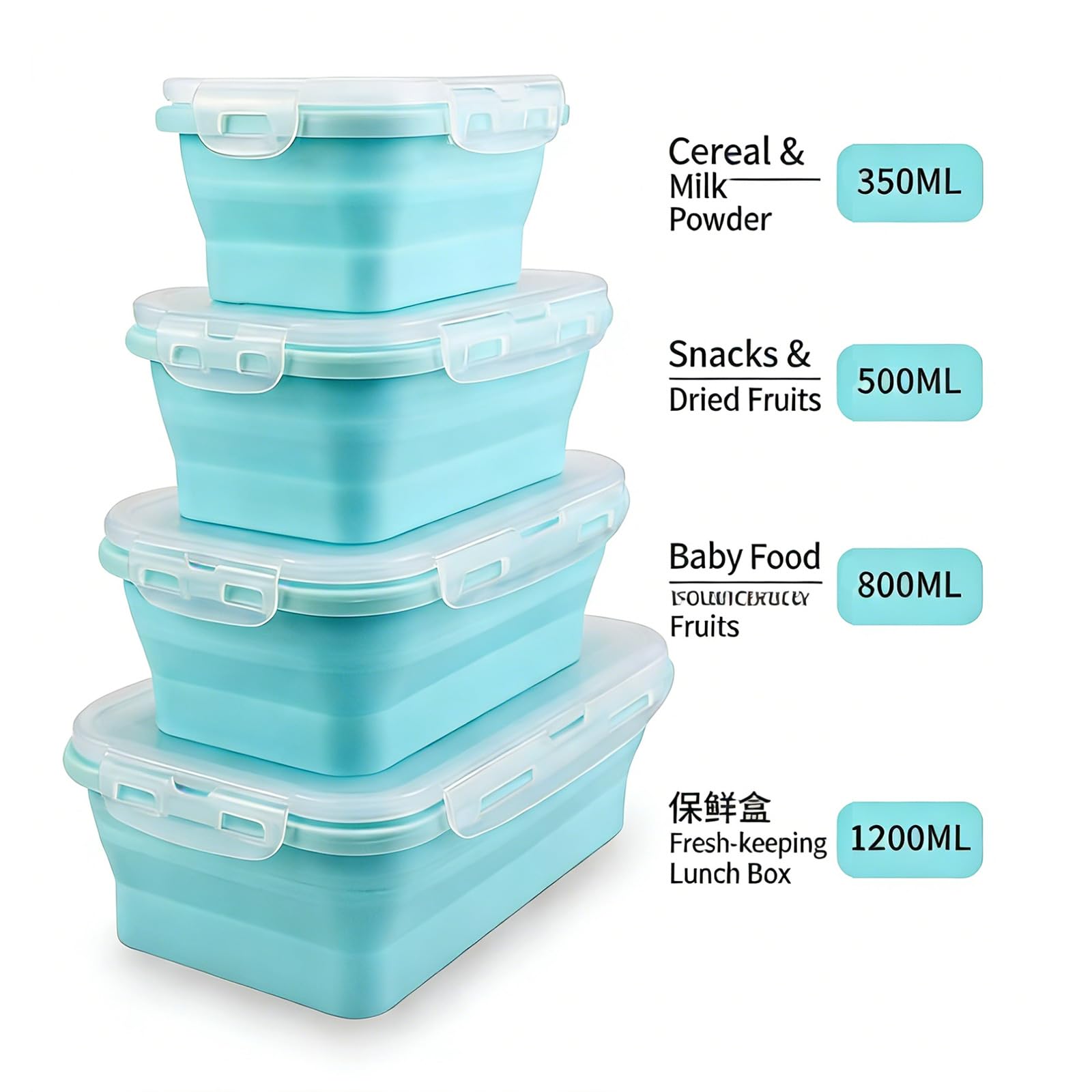 Set contenitori per pranzo pieghevoli in silicone dimensioni multiple, sigillati, freschi, materiali robusti, perfetti per l ' uso quotidiano, viaggi, contenitori per la preparazione dei pasti