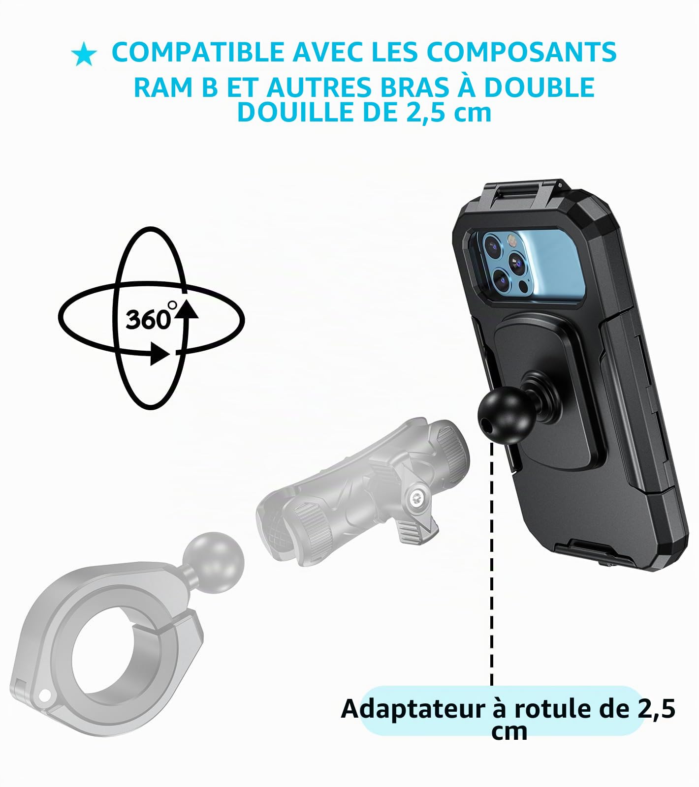iMESTOU IP66 Support étanche pour Téléphone de Moto avec Tête Sphérique de 2,5 cm Convient pour Les Accessoires de Taille B, pour Téléphones de 5,5" à 6,8" avec Une épaisseur Max Épaisseur 11mm (L)