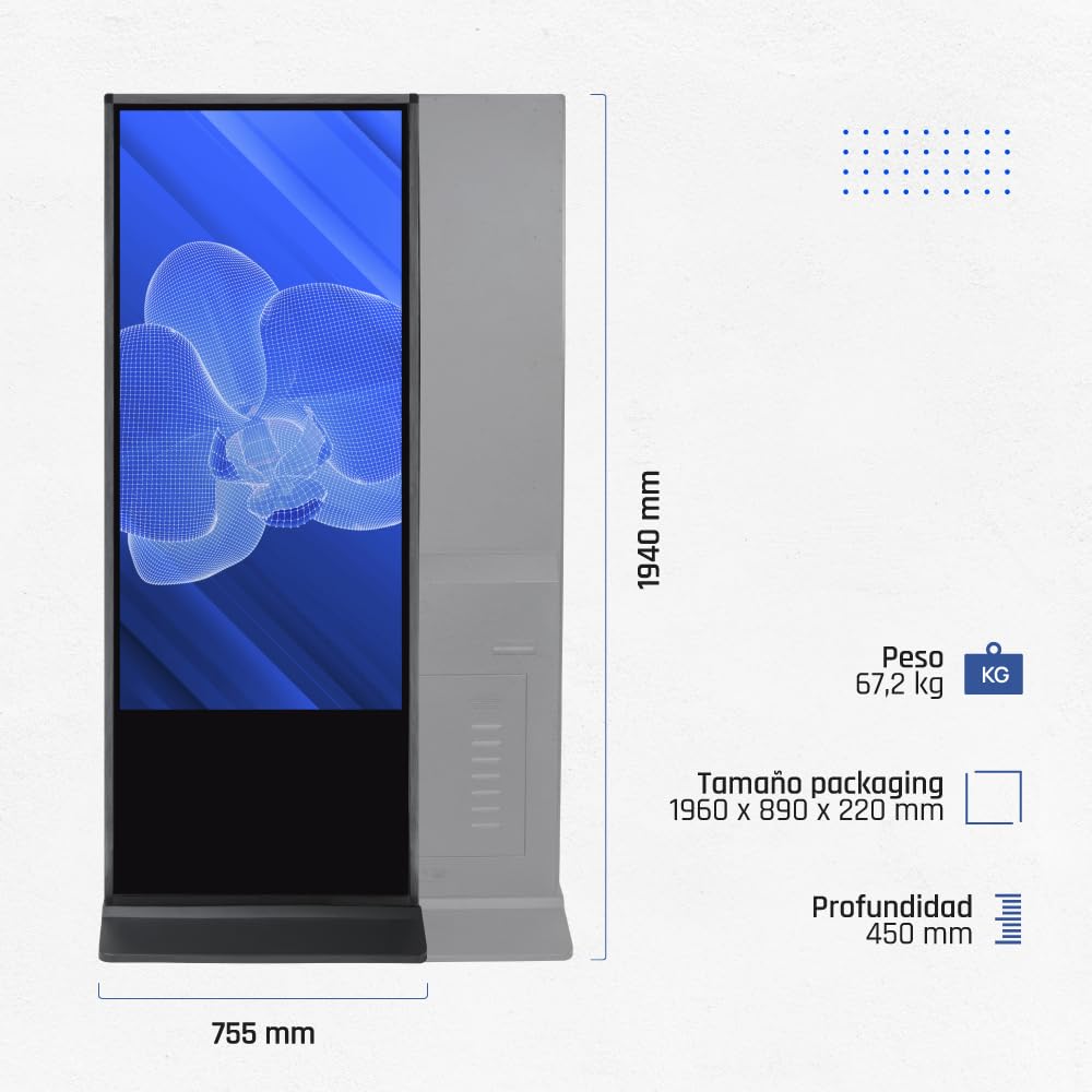 iggual Tótem Digital Interactivo Orchid 55" 4K UHD Alto Brillo-Pantalla Profesional de Señalización y Publicidad Táctil-Procesador i3-1115G- Windows 11 Pro-8GB RAM + 128GB SSD-WiFi 2x10W Altavoces