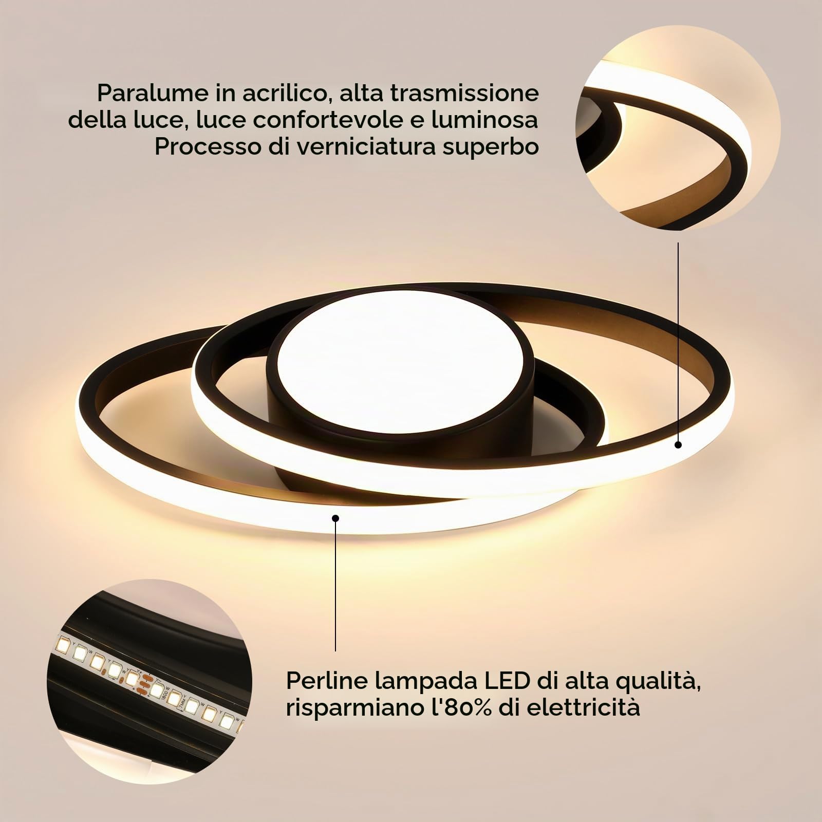 Plafoniere da Soffitto Dimmerabile, 39W 4387LM Plafoniera LED Soffitto Moderno, con Telecomando/APP 3000K-6500K, Nera Lampada da Soffitto LED per Soggiorno Camera da Letto Cucina, 38.5CM