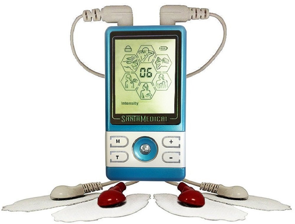 Santamedical PM-470 TENS Unit front view with screen displaying mode and intensity