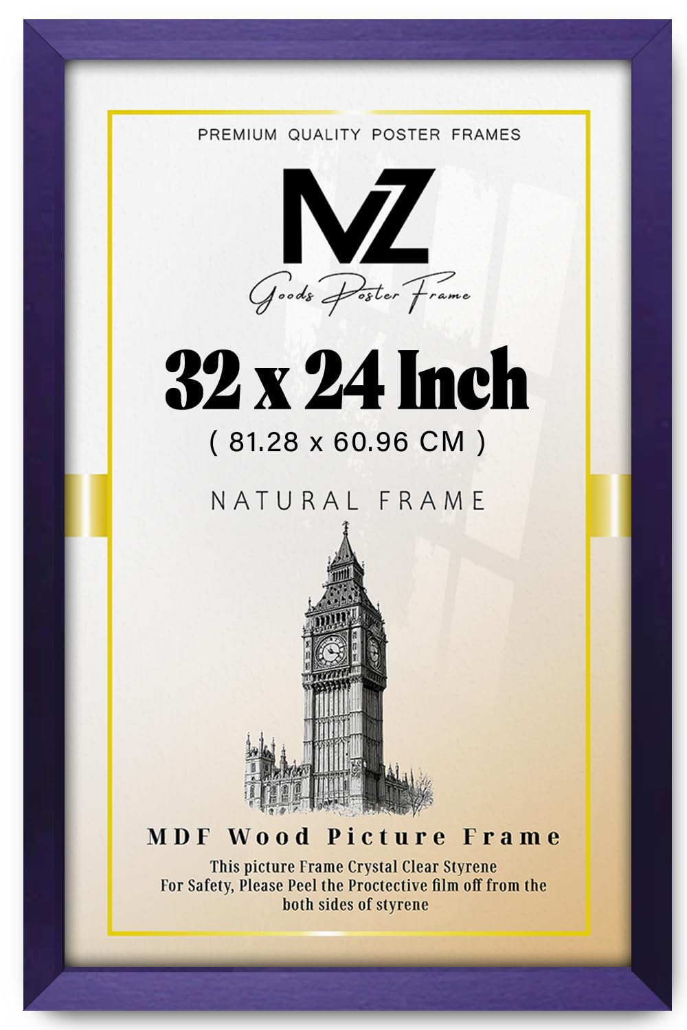 MZ GOODS | MDF Picture Frame (81.28 x 60.96 CM) 2' 8" x 2' 0" for Music Album Covers, Sports & Quotes, MDF Finish, Secure Hanging Hooks for Wall Display [ Purple ]