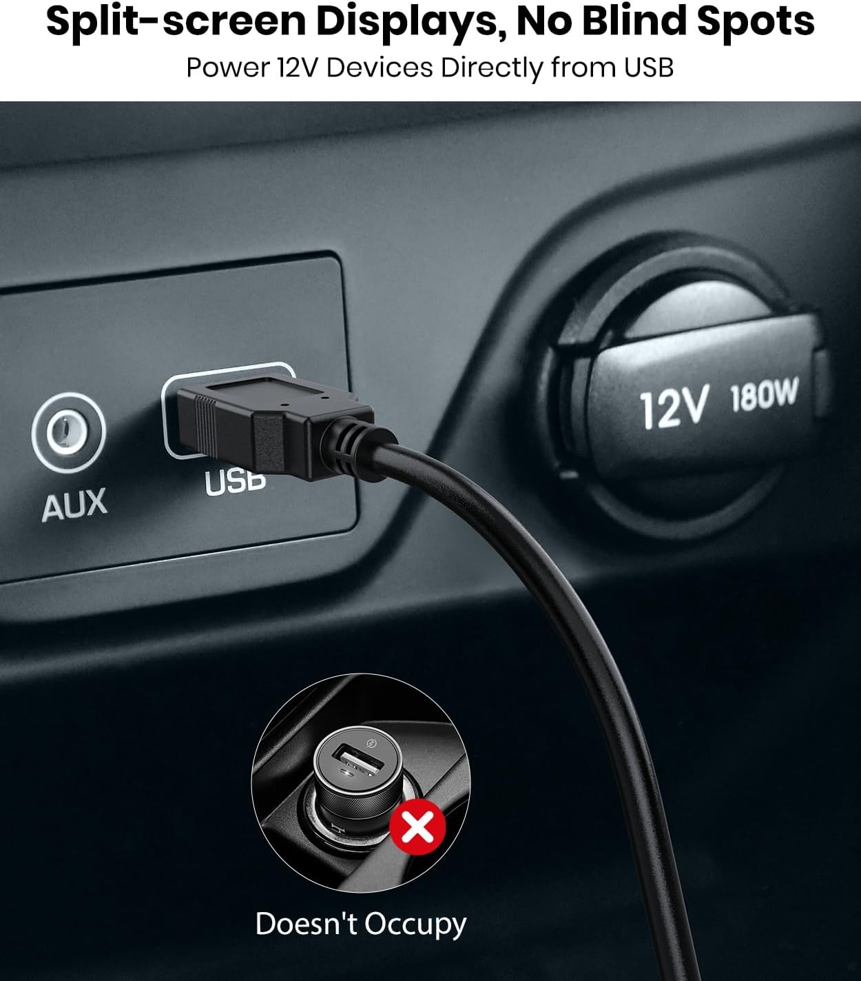 Close-up image showing the USB power cable connected to a vehicle's USB port, with a red 'X' over a 12V cigarette lighter socket, indicating it is not needed for power.