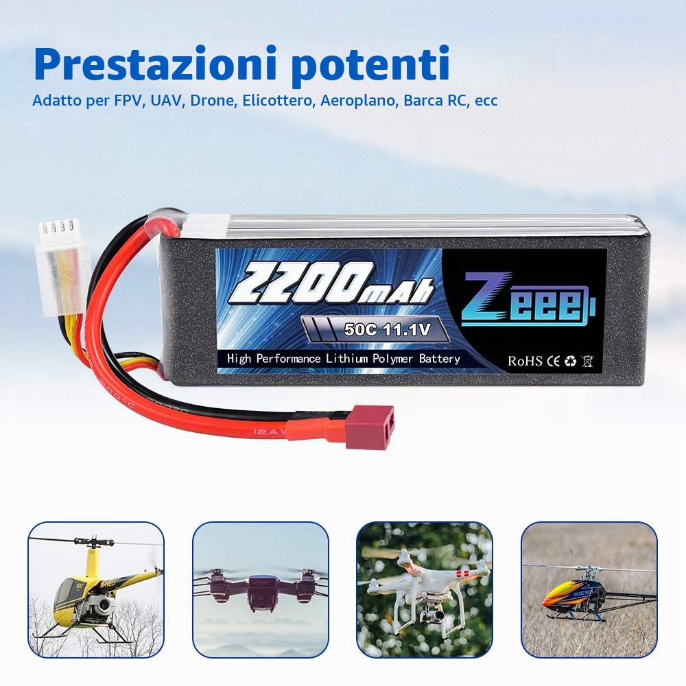 Zeee 3S Lipo Batteria 11,1V 50C 2200mAh Batteria RC con T Spina (2 pezzi)