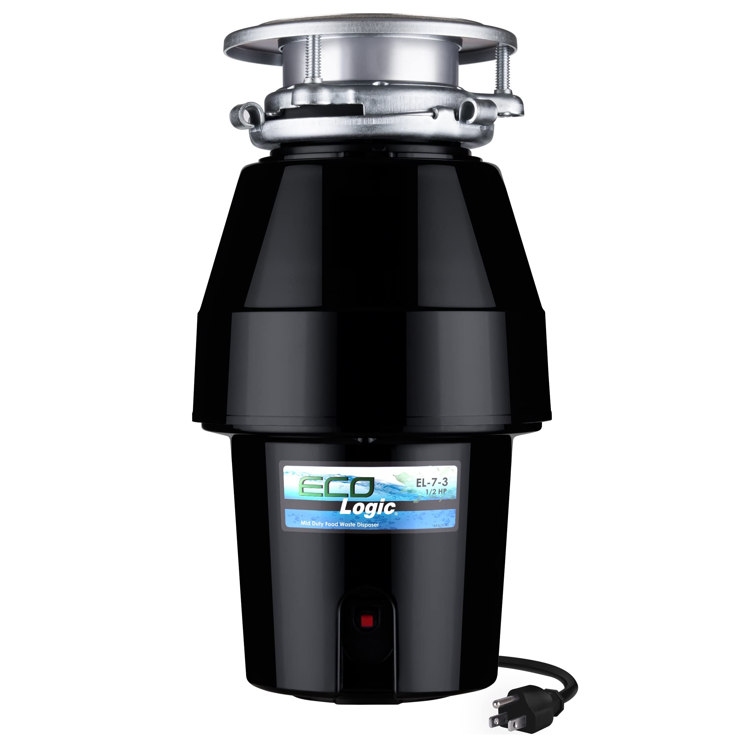 Eco Logic 1/2 Horsepower Mid Duty Garbage Disposal with Removeable Splash Guard, Attached Power Cord and Standard 3-Bolt Mounting System, Continuous Feed Disposer
