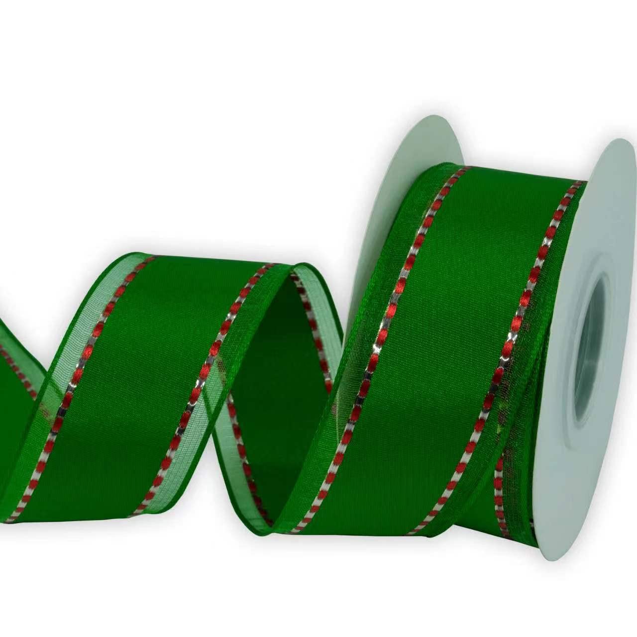 KLTRIBBON Wired Green Taffeta Ribbon with Red Stitches, 1 1/2 Inch X 10 Meters, for Wreaths Graland Gift Wrapping Floral Arrangements DIY Crafts — image 1