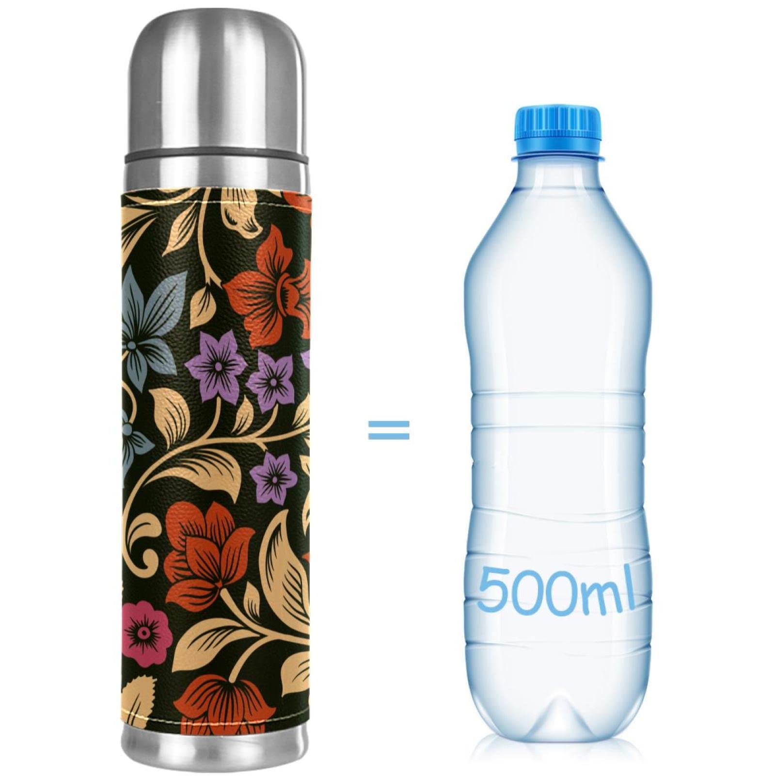 Botella Térmica De Acero Inoxidable Con Forro De Piel Sintética - 17oz (500 Ml), Aislamiento Al Vacío, A Prueba De Fugas, Estampado Floral