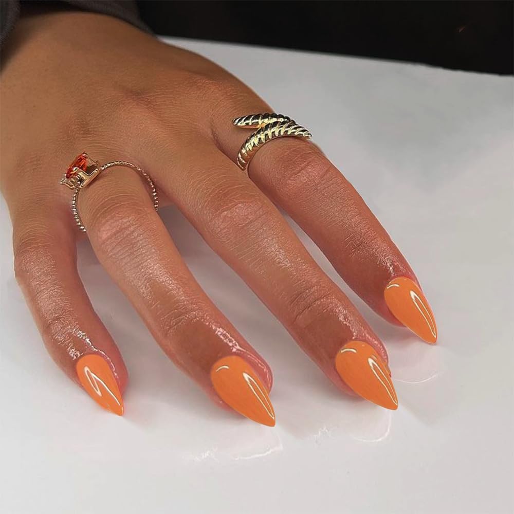 Orange Press on Nails Short Almond Shaped, SXVME Short Almond Fake Nails Glue on, Best Thick Natural Acrylic False Nails Handmade of Upgrade Gel,