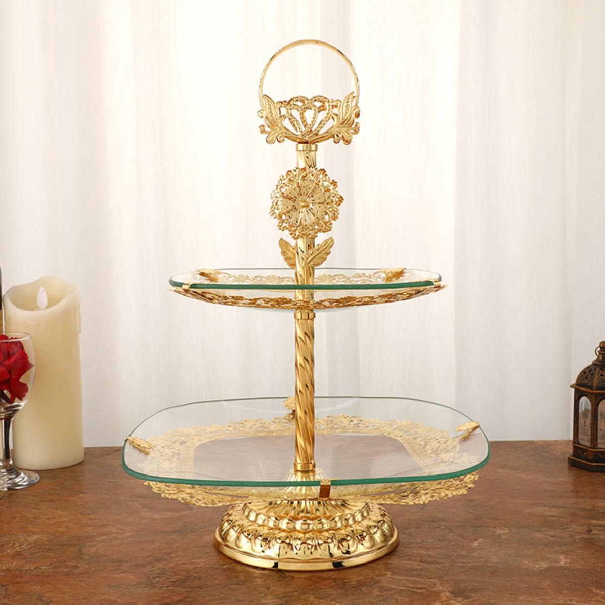 Gatuida Doppellagiger Speiseteller aus Glas und Eisen Goldfarben für Obst und Desserts im Klassischen Europäischen Stil Quadratisch mit Breitem Rand