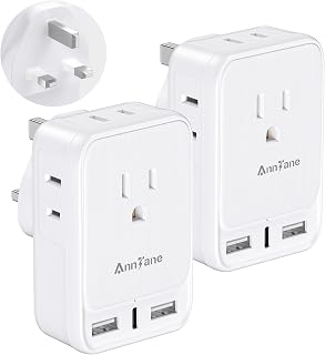 2 Pack US to UK Travel Adapter, Type G Adapter for Travel with 4 Outlets 3 USB Charging Ports, Ireland Power Adaptor for USA to England London Scotland Dubai Singapore Hong Kong Qatar