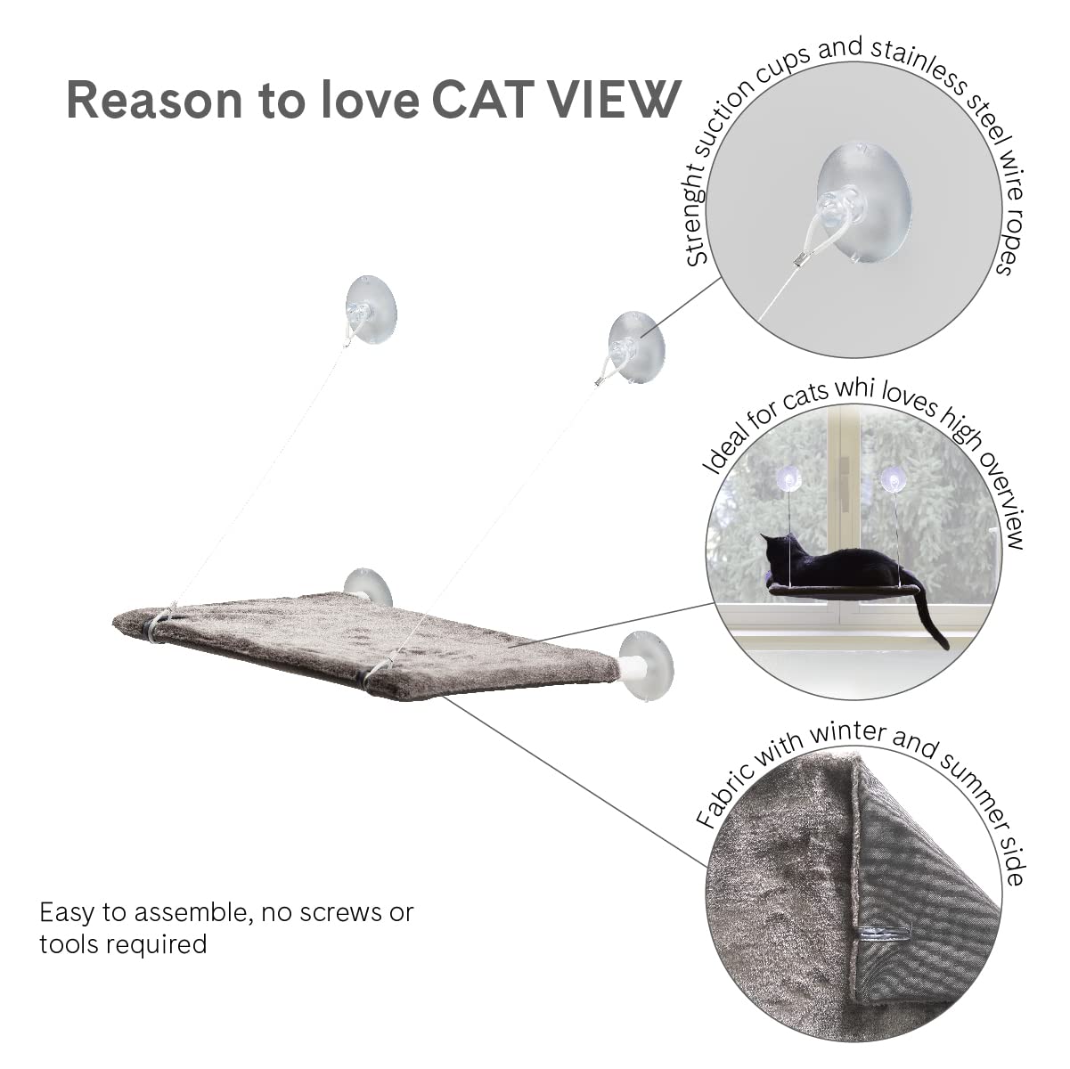 UNITED PETS Cat View Lettino per Gatti da Finestra con Ventosa Forte, di Design, Grigio 37X47Cm; Amaca per Gatti Comoda e Resistente adatta a tutti Vetri e Finestre