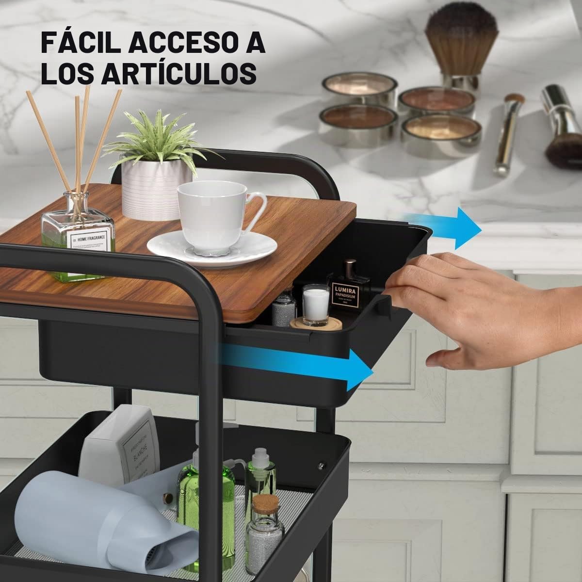 Carrito Auxiliar de 3 Niveles con Ruedas y Cajones Estetica Ahorro de EspacioCarro Organizador para Cocina Baño Dormitorio Oficina (Negro)