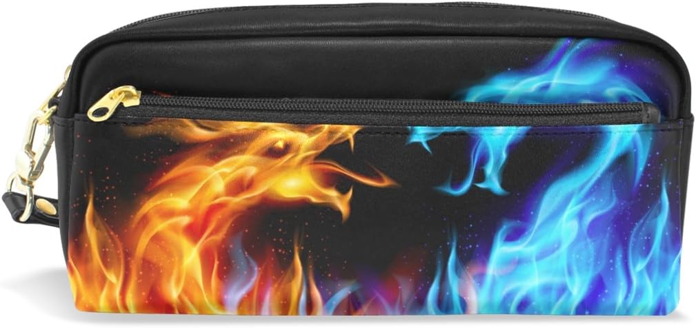 COOSUN Blue and Red Fire Dragons Portable PU Leather Pencil Case School Pen Bags Stationary Pouch Case Large Capacity Makeup Cosmetic Bag