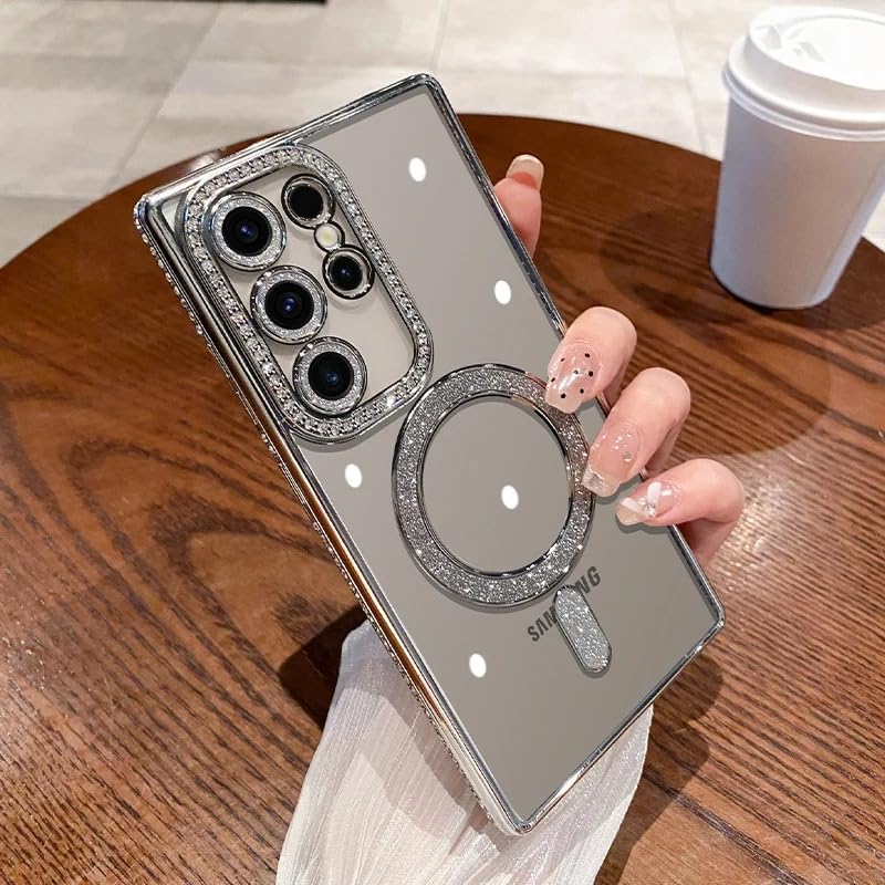 Image of for Samsung Galaxy Glitter Case,Luxury Bling Rhinestone Diamond Plated Bumper Case,MagSafe, Sparkle Camera Lens Protection Clear Back Cover (Silver, for Samsung Galaxy S24 Ultra)
