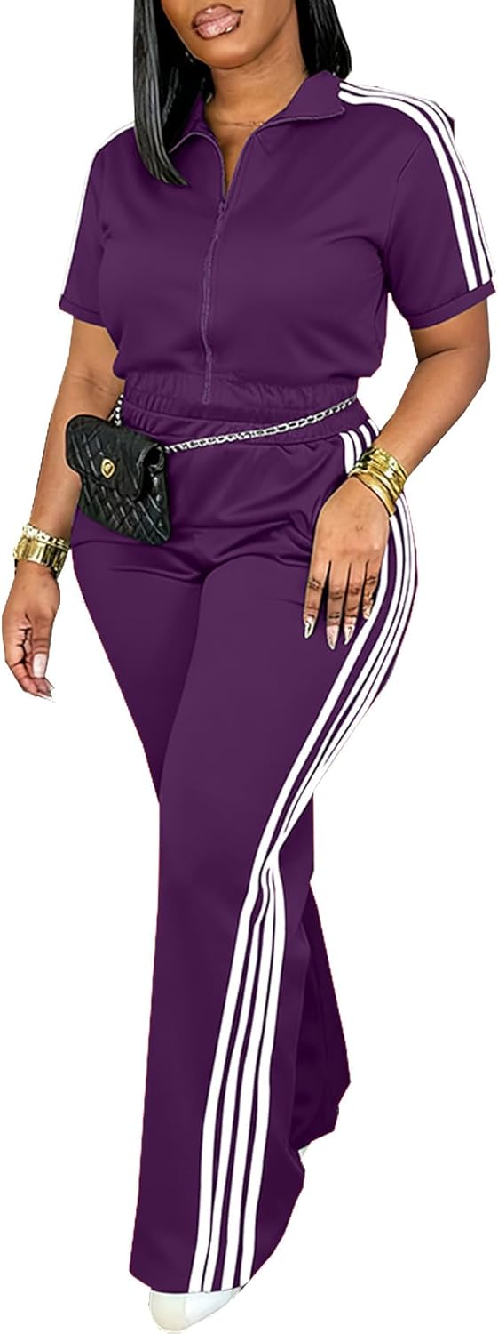 HBQ Women's Two Piece Tracksuit Set Short Sleeve Zip Up Polo Top Side Stripe Flare Pants with Pocket Athletic Casual Outfit