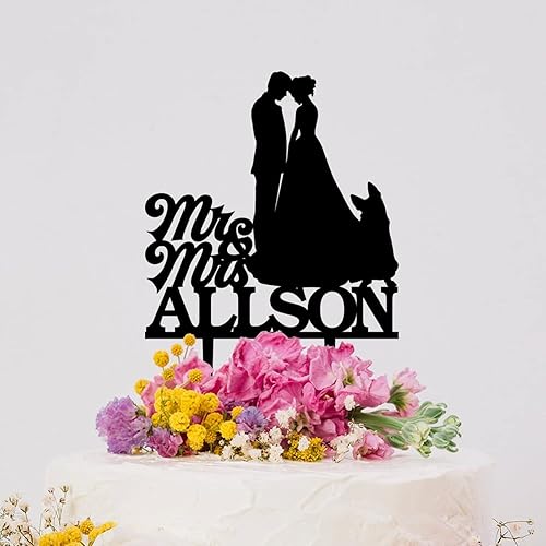 Miniatura 4 de Mr & Mrs - Decoración para tarta de boda personalizada para novia y novio, silueta rústica con perro pastor alemán, acrílico negro personalizado