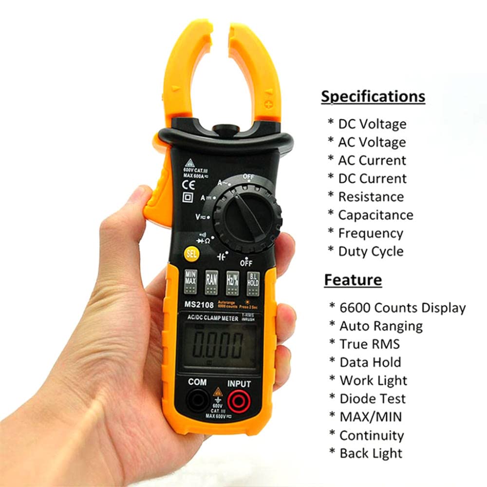Multimetro Pinza Amperimetrica Digital 6000cuentas Pinza Multimeter Amperímetro Corriente CA,Tensión,NCV,Continuidad,Pantalla LCD con Luz Incluye Clips de Prueba, Prueba de diodos