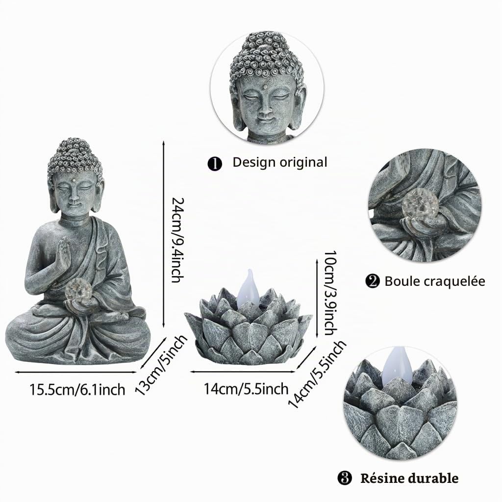 TERESA'S COLLECTIONS Decoration Jardin Exterieur Bouddha avec Lotus Solaire, Lot de 2 Ornements de Bouddha méditant Lumières solaires pour l'extérieur, décorations pour Le Jardin,Cadeau Femme