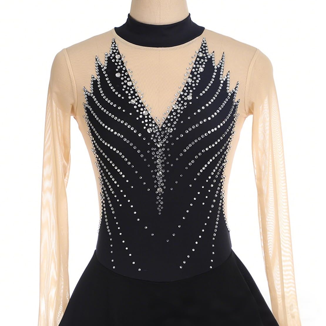 Body Pattinaggio Artistico Vestito Bambina, con Strass, a Maniche Lunghe, Girocollo Vuoto Giunzione Body Ginnastica Artistica Danza
