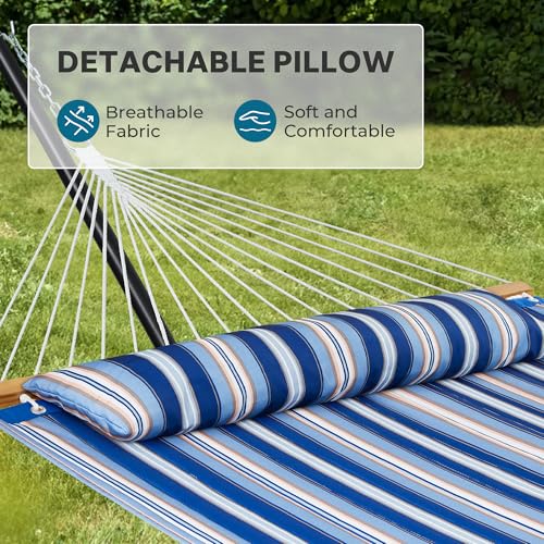 SUPERJARE Hammock with Stand, 2 Person Quilted Outdoor Hammock, Detachable Pillow & Bamboo Spreaders, Portable Hammock with Carrying Bag, Heavy Duty Stand, Perfect for Outside, Navy Blue Stripe by SUPERJARE - Image 4