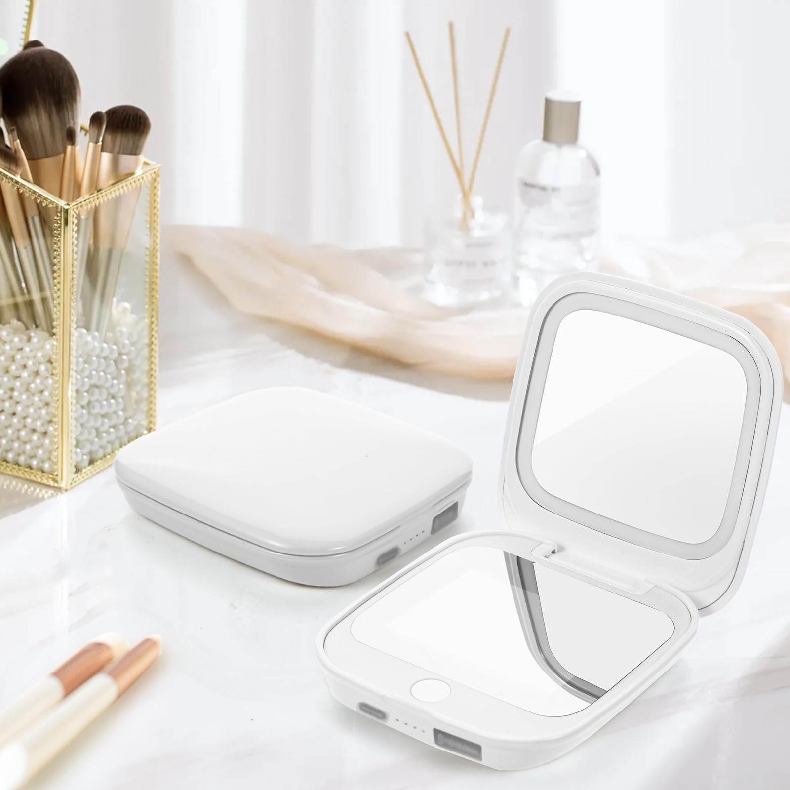 UV-Kamera-Spiegel für Sonnenschutz-Test & SPF-Erkennung, 1x/2-fache Vergrößerung, Reisespiegel mit dimmbaren LED-Lichtern, 2-seitiger tragbarer Make-up-Spiegel für Handtasche/Tasche, Weiß
