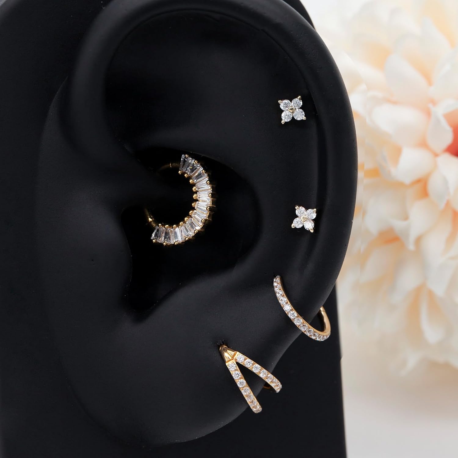 14K Yellow/White/Rose Gold Cartilage Earring Top Push in 1 Pcs Threadless Flower Flat Back Stud Nose Stud Lip Ring 16G Helix Tragus Piercing Jewelry for Women 6mm 8mm - Image 6