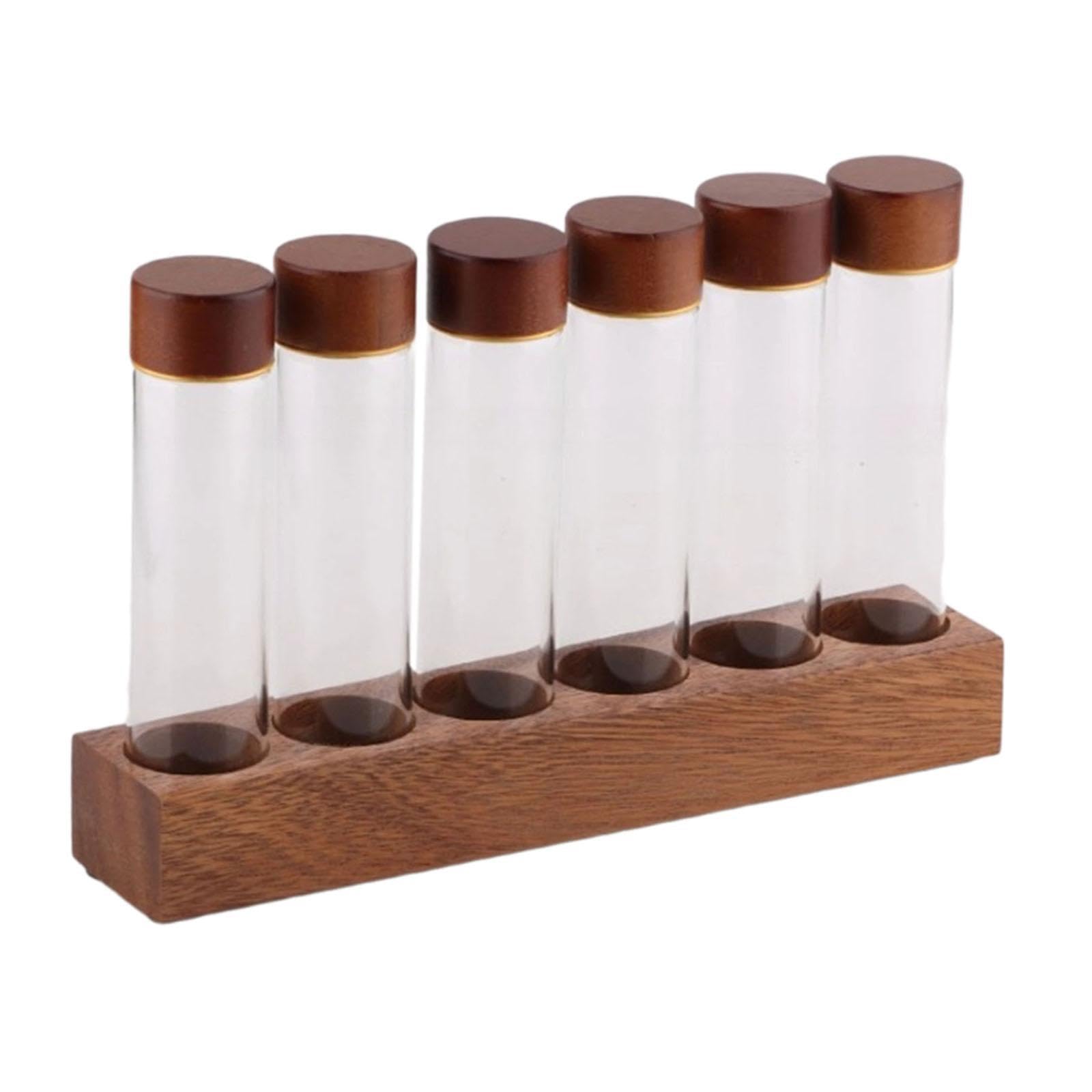 YIXANNX Multifunctional Airtight Glass Storage Tubes Coffee Bean Jars Storage Container With Wooden Display Dried Fruits Dose Coffee Bean Tubes Container, Brown, 6 Holes
