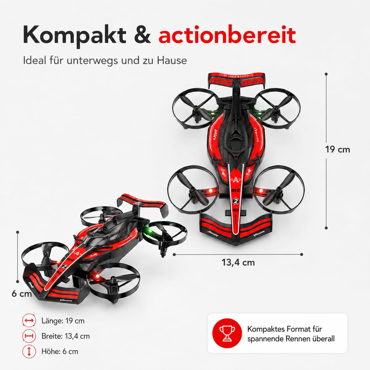 RC Flugauto 2 in 1, Fliegendes Auto mit Fernsteuerung, RC Drone Auto mit LED Beleuchtung, Drift Car & Quadrocopter, 2,4 GHz, Headless Mode, EIN-Tasten-Start, 2 Akkus, Kinder (Rot)