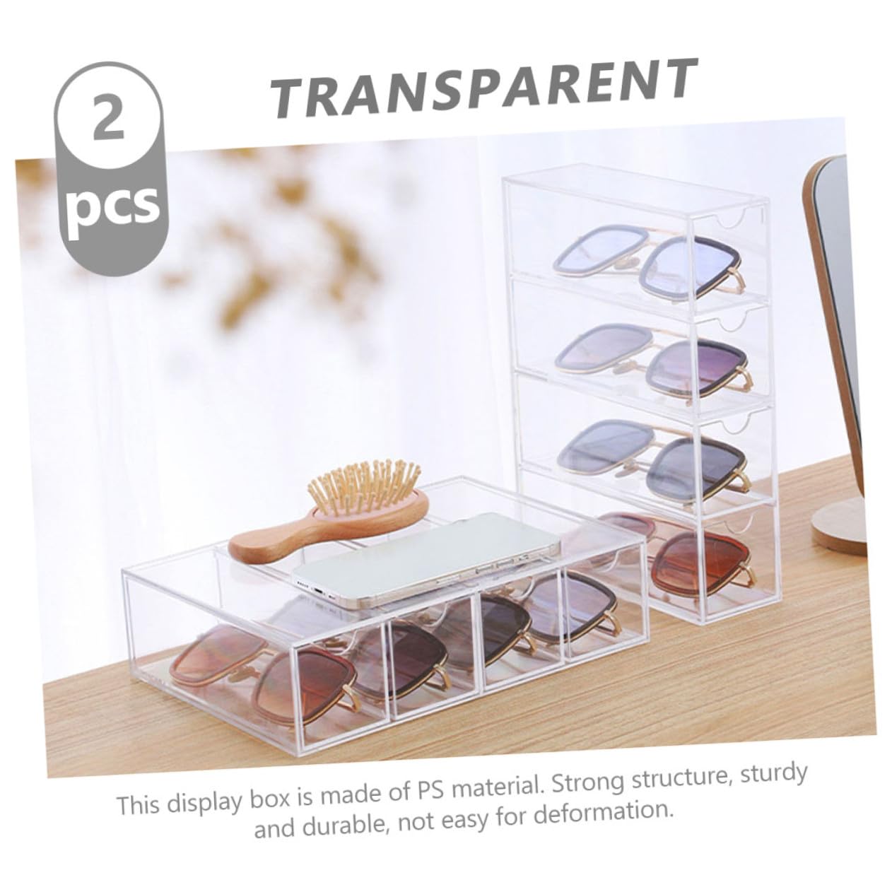 TEHAUX Caja para Gafas de Sol Acrílica Transparente 4 Capas Organizador Multifuncional para Escritorio 2 Unidades Almacenaje Compacto