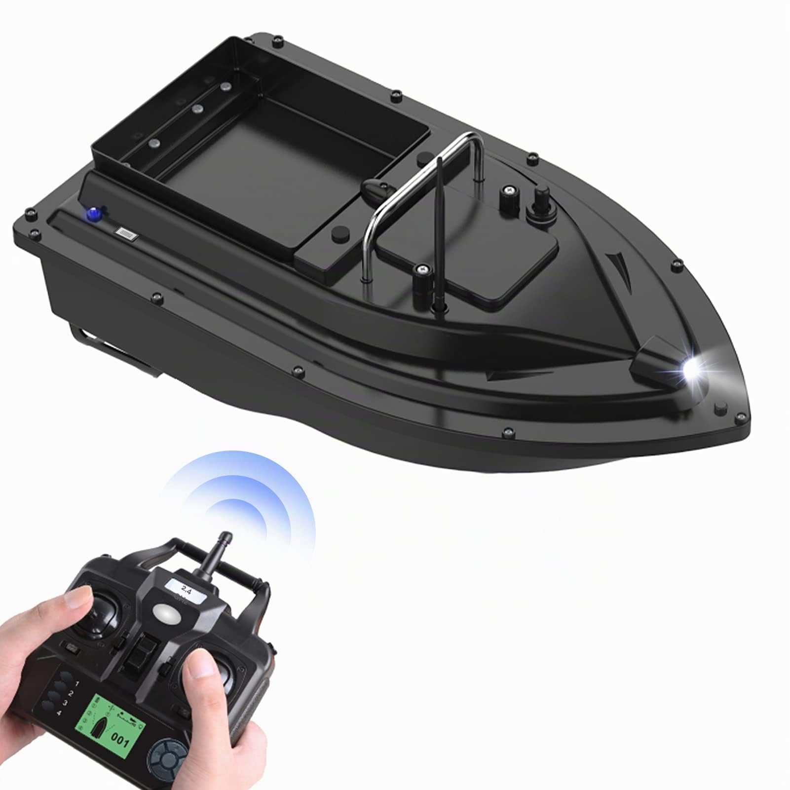 Kavolet 500m Bateau de pêche télécommandé, GPS Bateau d'appâts, capacité de 2KG, pêche nocturne, bateau d'appâts avec grand réservoir à appâts, bateau d'appâts automatique, batterie rechargeable