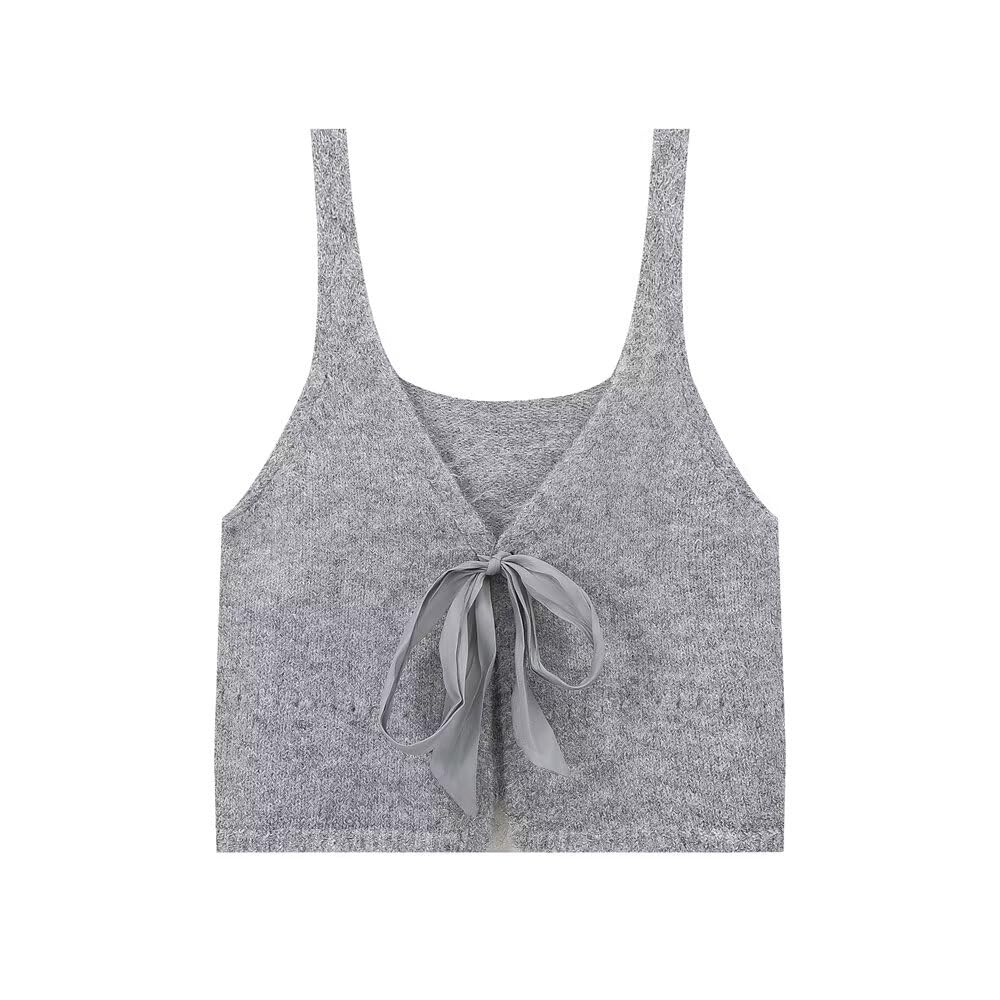 fizzoqi Women’s Ribbon Crop Top Sleeveless V Neck Slim Fit | Gray | L-picture-22