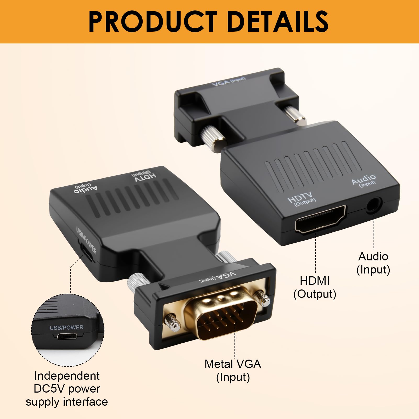 Adaptateur VGA vers HDMI, Adaptateur VGA Mâle vers HDMI Femelle, Convertisseur 1080p avec Audio de Source pour Ancien Portable PC vers TV Moniteur HDTV