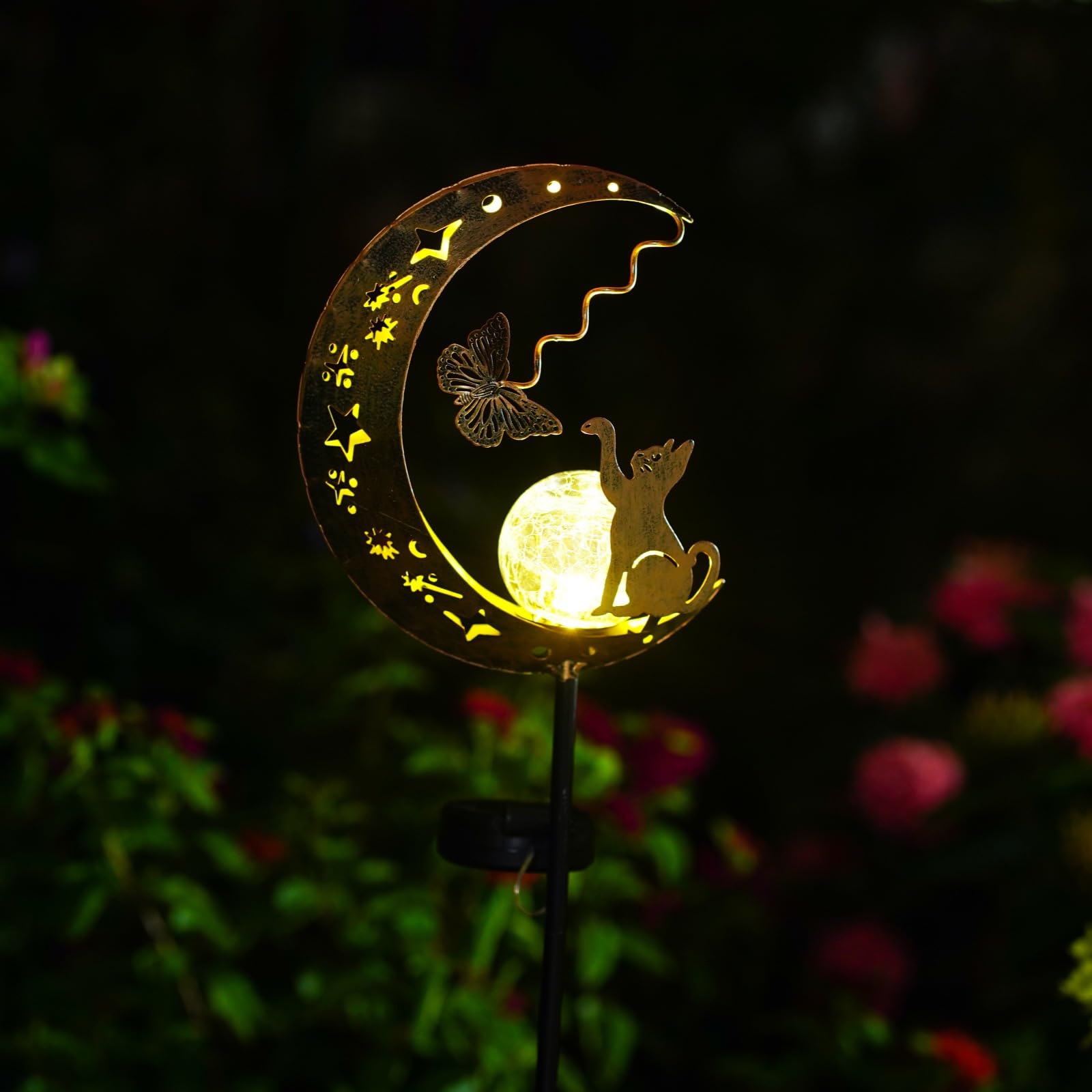 Solarbetrieben Katze Schmetterling Licht, Schöne Tier Bodenlampe mit Schmiedeeisen im Garten verziert, Drahtlose Dämmerung bis Dämmerung LED Licht wasserdicht.