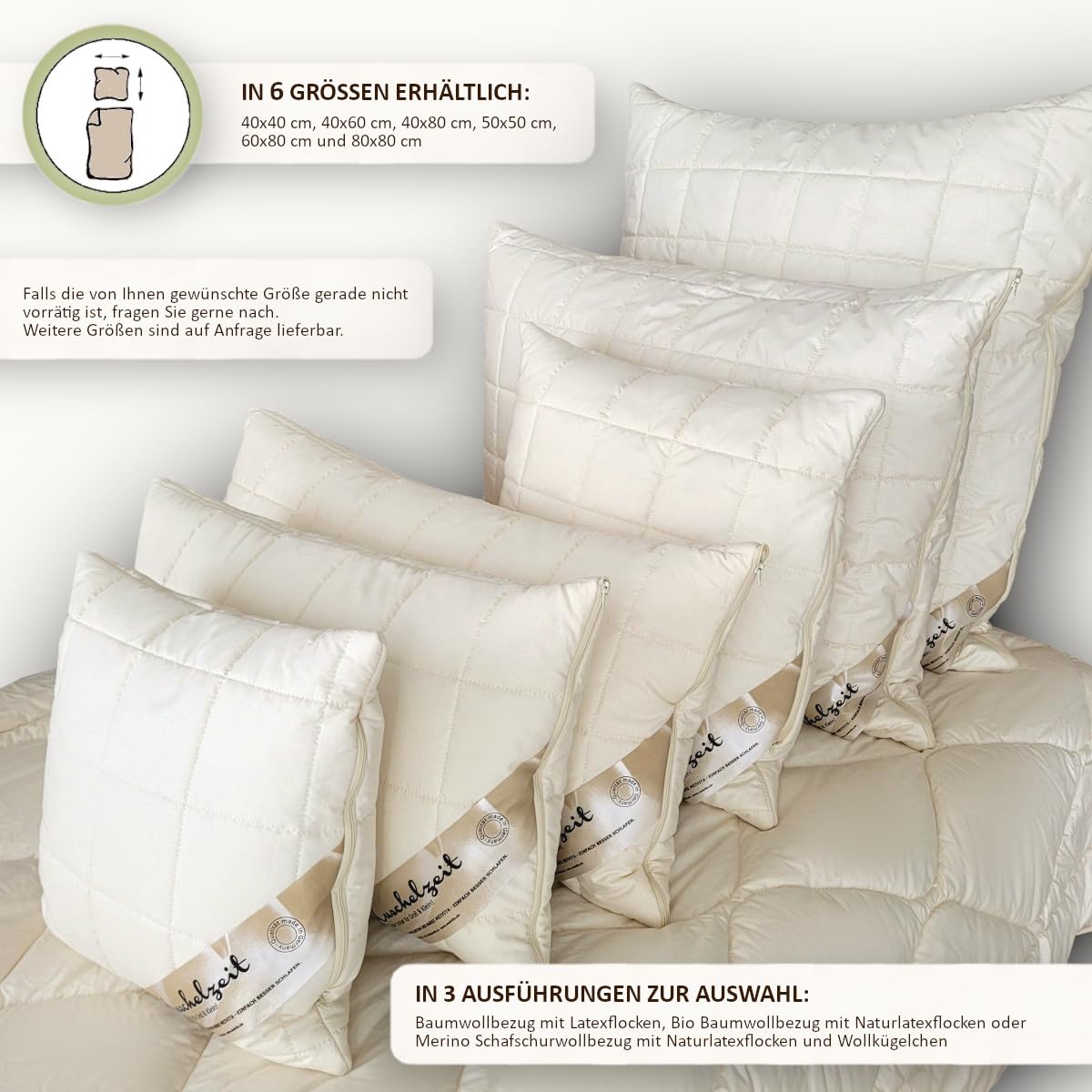 Höhenverstellbares Naturlatex-Flocken Nackenstützkissen in 40x80 cm mit separatem Innen-Kissen und unterstepptem KBA Bezug aus 100% Baumwolle - Made in Germany