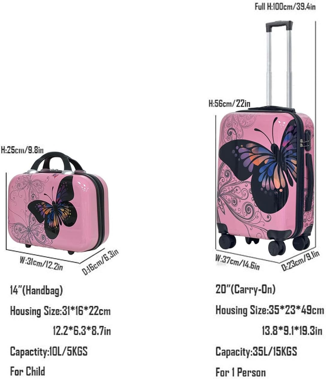 2-Piece Pink Butterfly Print Luggage Set (20" Carry-On + 14" Handbag), Hard Shell ABS+PC Suitcase with 360° Spinner Wheels & Combination Lock (Pink)