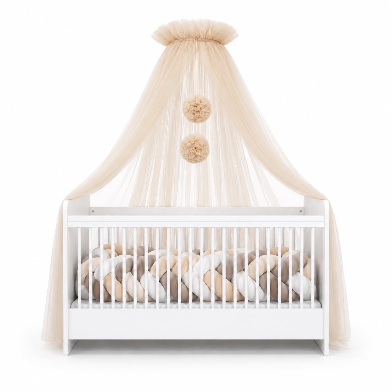 Babybetthimmel aus Tüll, Betthimmel für Babybett, Prinzessin Babywiege, Beistellbett Baby, Moskitonetz, Babyzimmer Deko, Baldachin Kinderzimmer 165cm lang, mit Pompons, Taupe (Nude)