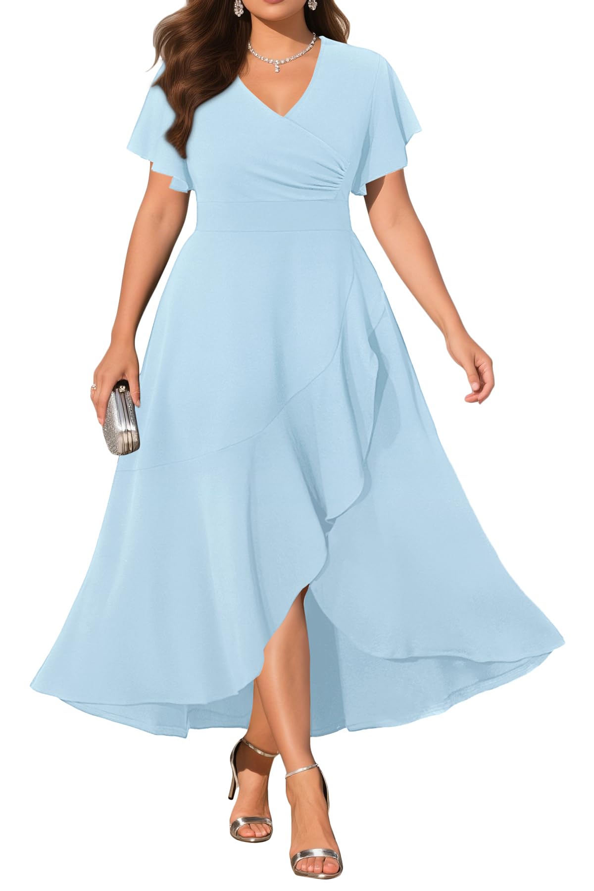 Photo 1 of ** have some stains on it **
Pinup Fashion Light Blue Plus Size Dresses Women Easter Wedding Guest Cocktail V Neck Faux Wrap Flutter Sleeve High Low Dress 22W