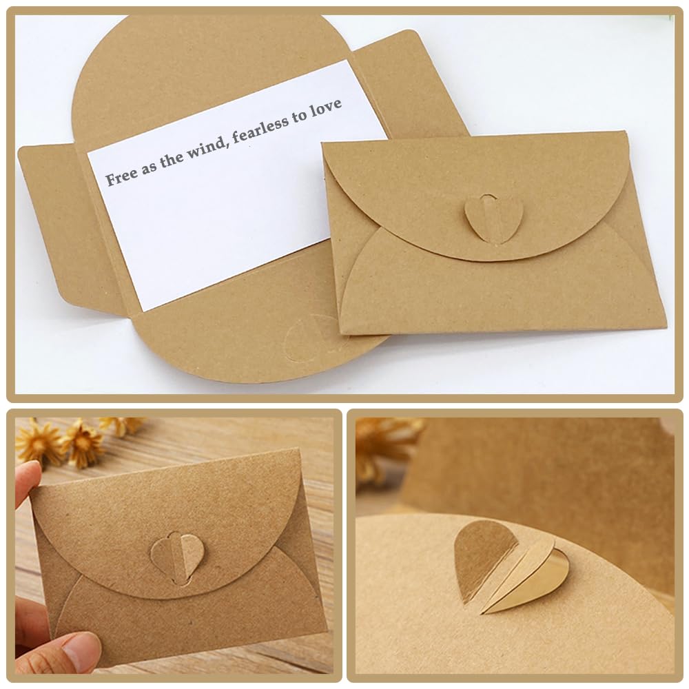 15 Sobres de Papel Kraft con 15 Tarjetas de Papel en Blanco - Mini Sobres con Cierre de corazón para Tarjetas de Regalo DIY Graffiti
