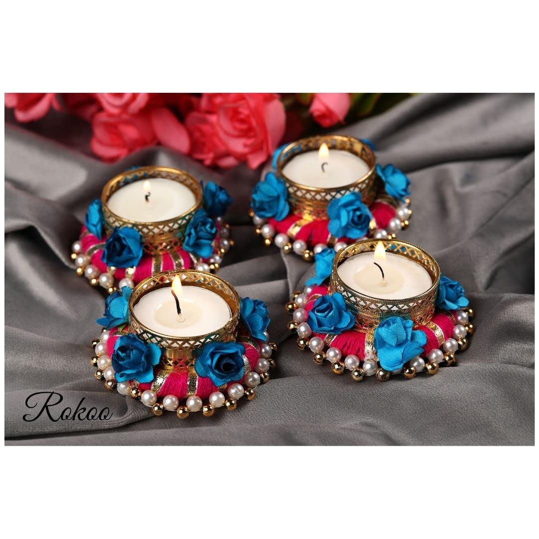 ROKOO Fabric Diwali Decor Scented Fragrance Decorative Tealight Candle Holder (Pink Flowers Pack of 4) ,Glass 2