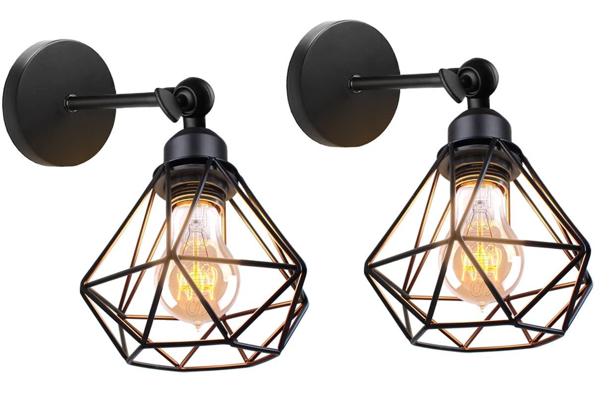 TOKIUS Apliques de Pared Vintage Diseño de Jaula de Hierro Ø 16cm Negro Industrial Lámpara Pared Interior Lámpara de Techo Ajustable para Pasillo Escalera Dormitorio (2 Piezas, # Negro)