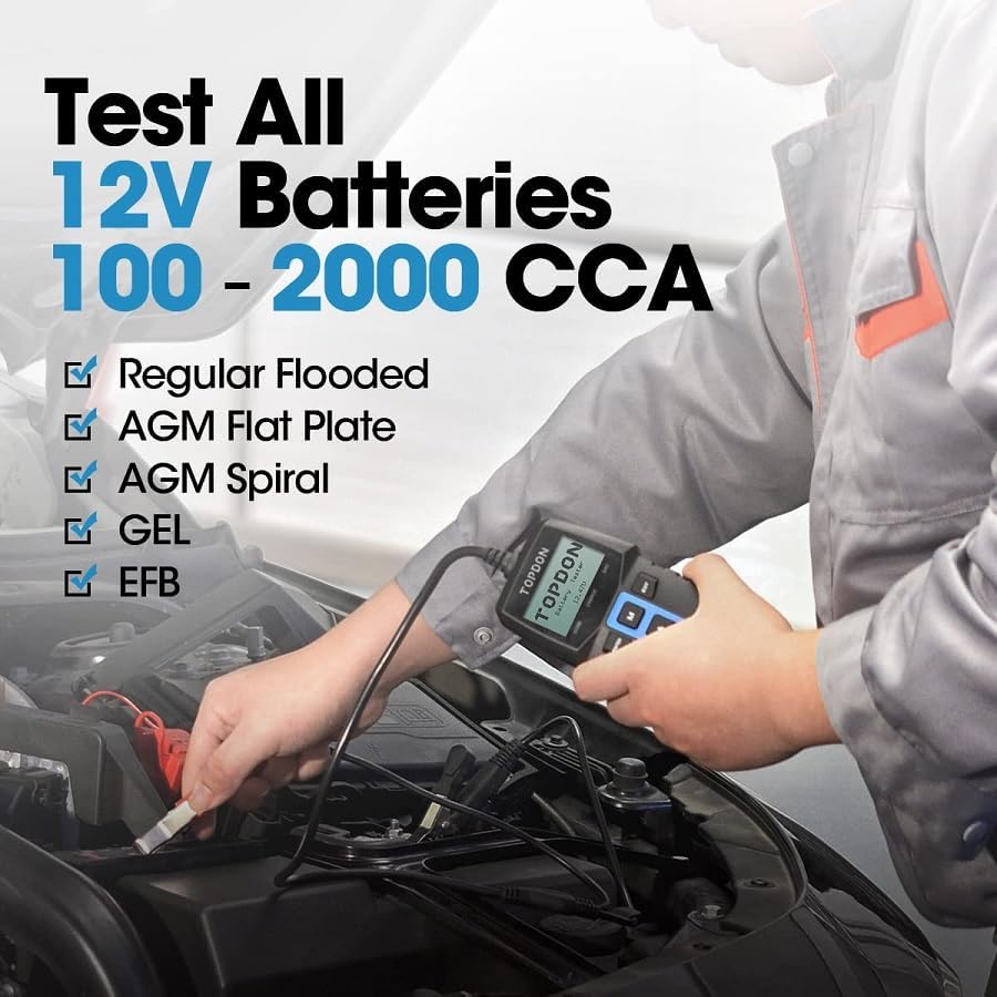 TOPDON BT100 performing a charging system test in a car engine bay